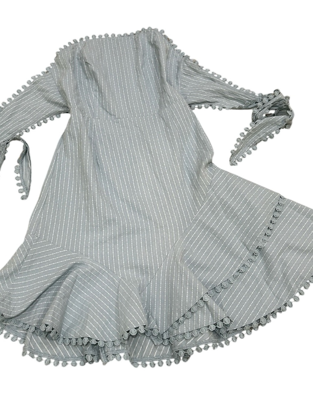 NWT Simplee Strapless Mint-Blue Pinstripe mini Dress back tie Pom Pom sz large - Picture 7 of 9